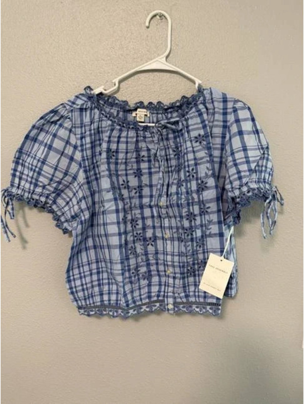 #6077 Free Assembly Blue Plaid Smocked Puff Sleeve Top Size XL 16–18